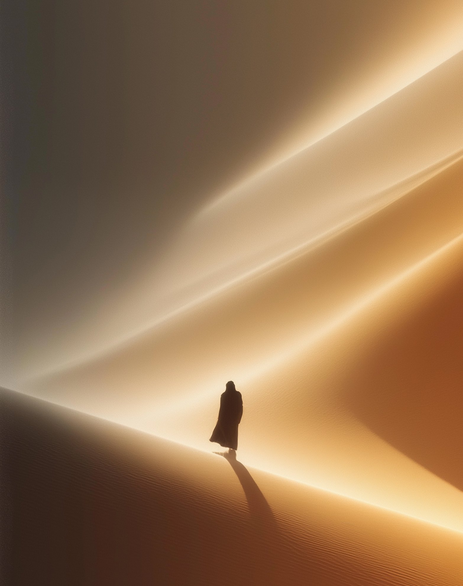 Figura solitaria caminando entre dunas iluminadas como una escena fantástica.