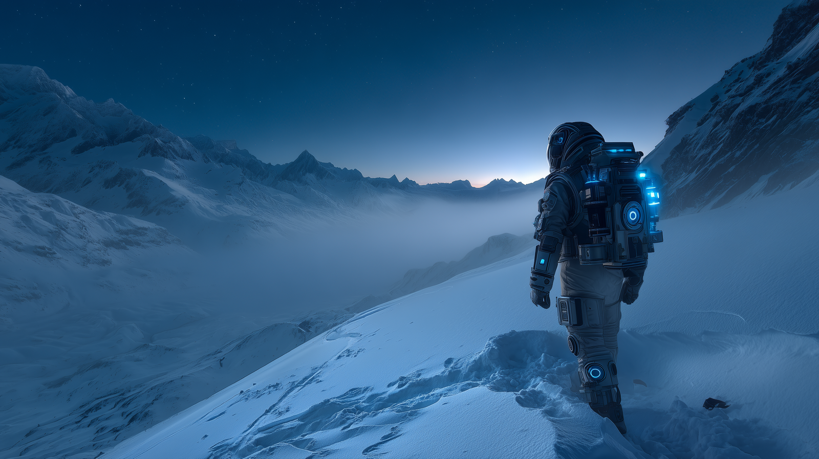 Astronauta observando una frontera interstellar en un paisaje nevado.