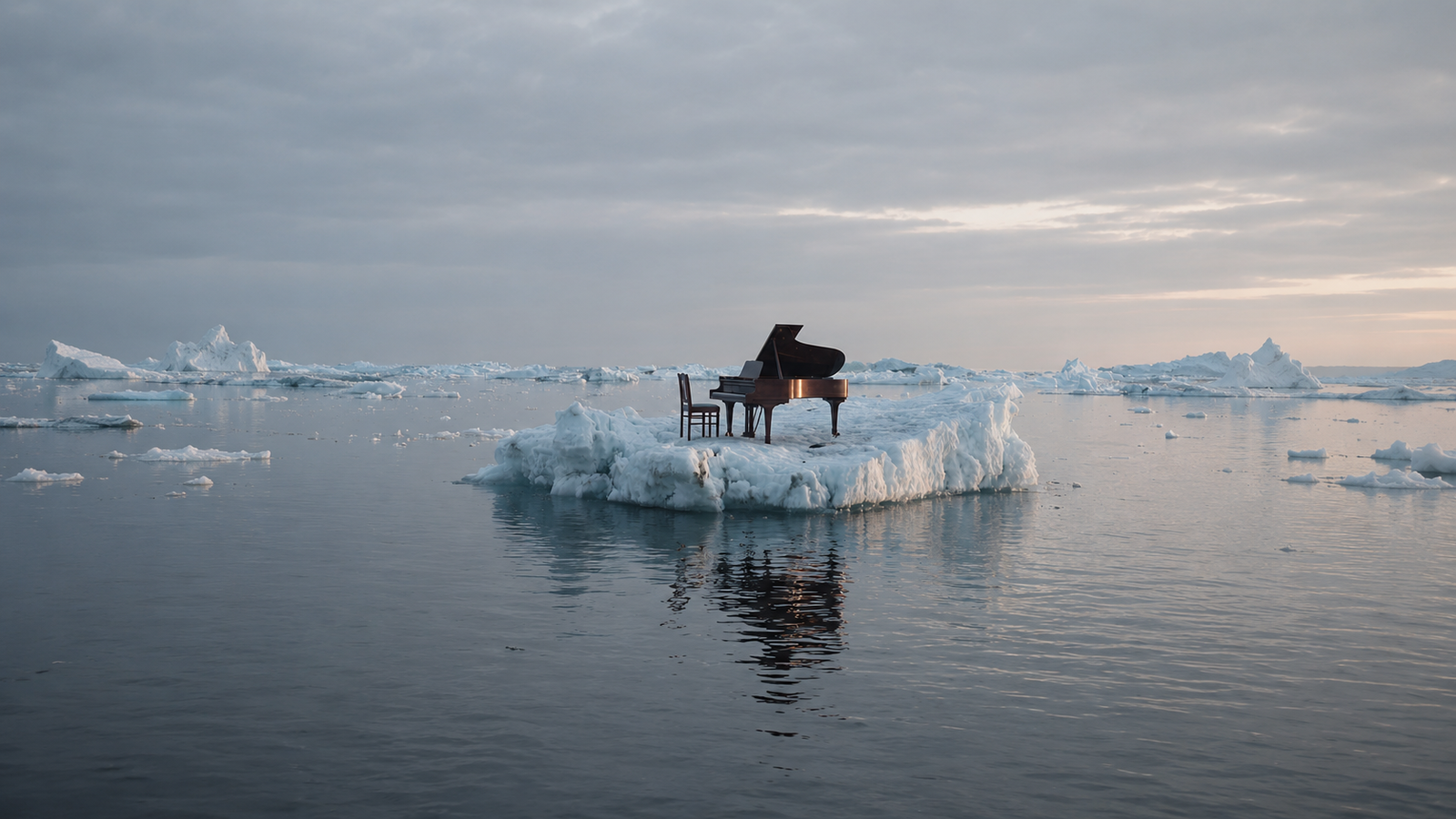 Piano de cola sobre un bloque de hielo en un paisaje cinematográfico.